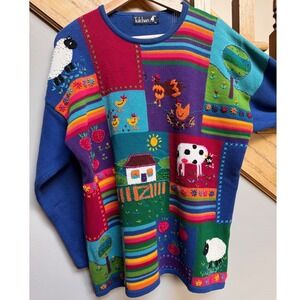 Vintage Tulchan Farmer‎ Animal Sweater Sheep Chicken Cow Cottagecore Strawberry